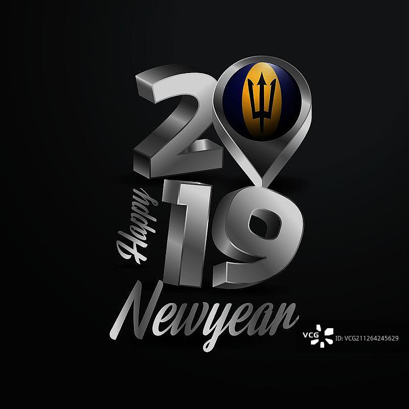 2019年新年快乐灰色排版与巴巴多斯旗位置别针。国家国旗设计图片素材