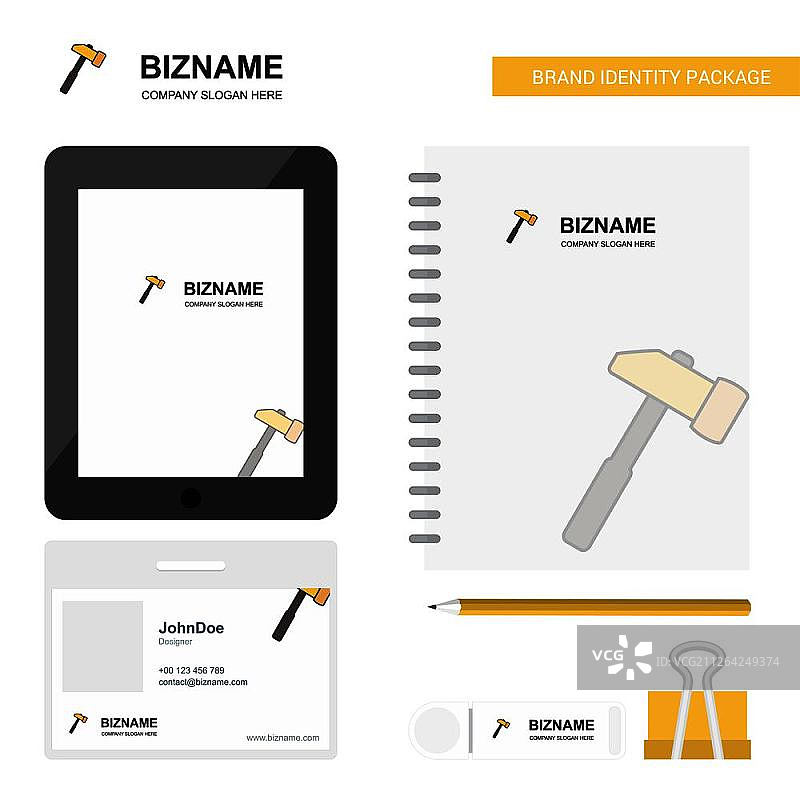 锤子企业标志，标签应用程序，日记PVC员工卡和USB品牌文具包装设计矢量模板图片素材