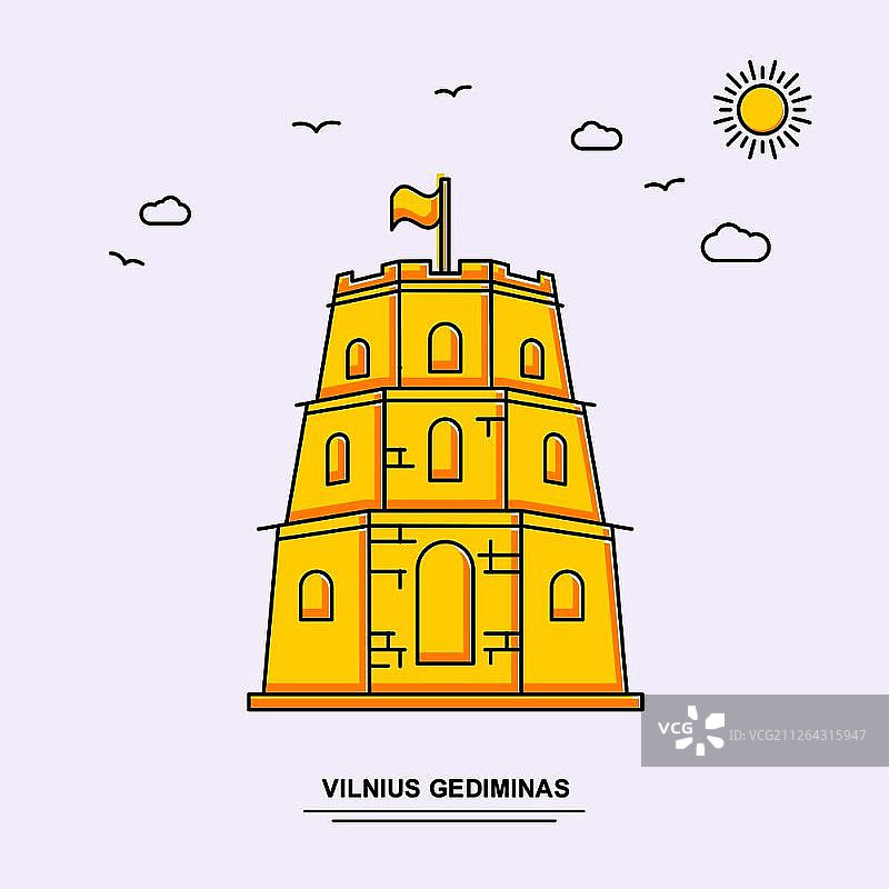 维尔纽斯吉迪纳斯纪念碑海报模板。世界旅行黄色插图背景线风格与美丽的自然景色图片素材