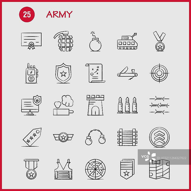 军队手绘图标设置信息图，移动UX/UI工具包和打印设计。包括:监视器，徽章，执行，法律，军队，铁丝网，法国，图标集-向量图片素材