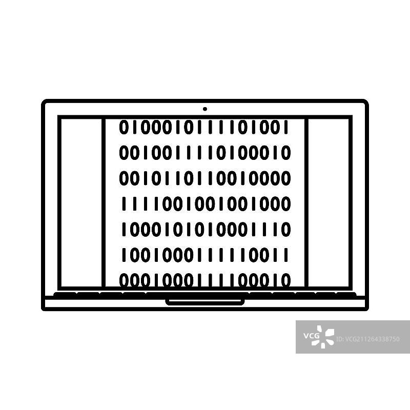 笔记本电脑与二进制代码图标。轮廓简单的设计。矢量插图。图片素材