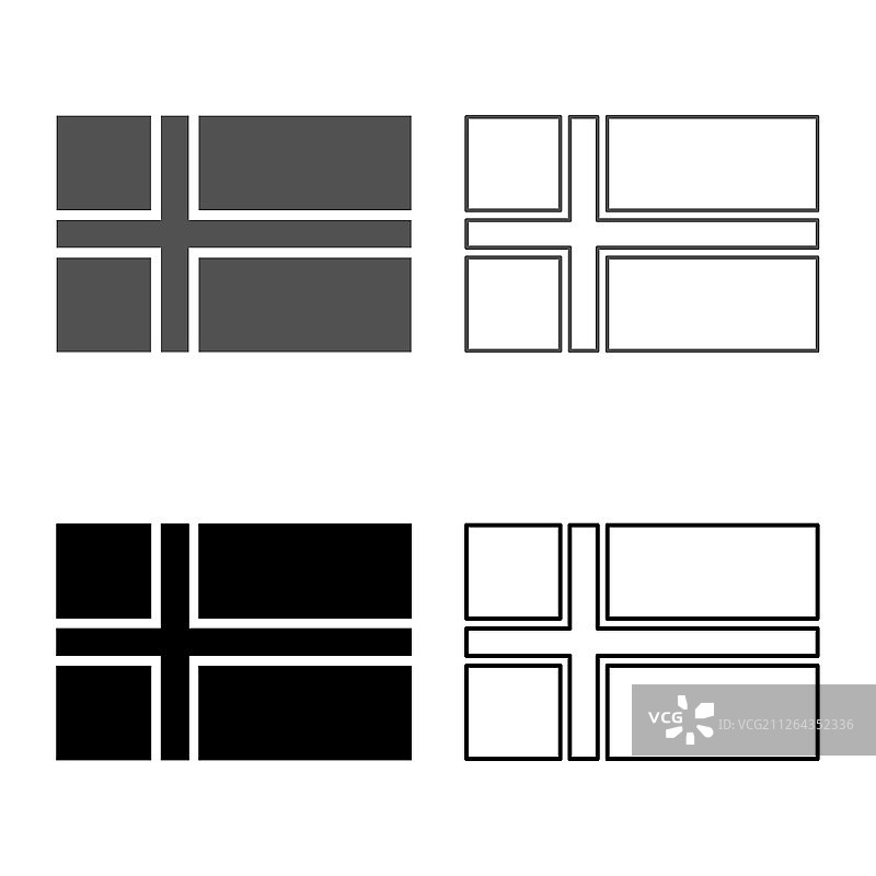 挪威国旗图标设置灰色黑色矢量插图轮廓平面风格简单的图像图片素材