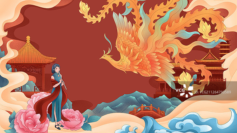 民国旗袍美女站在祥云宫殿楼阁间仰望天空飞舞的凤凰国风插画图片素材