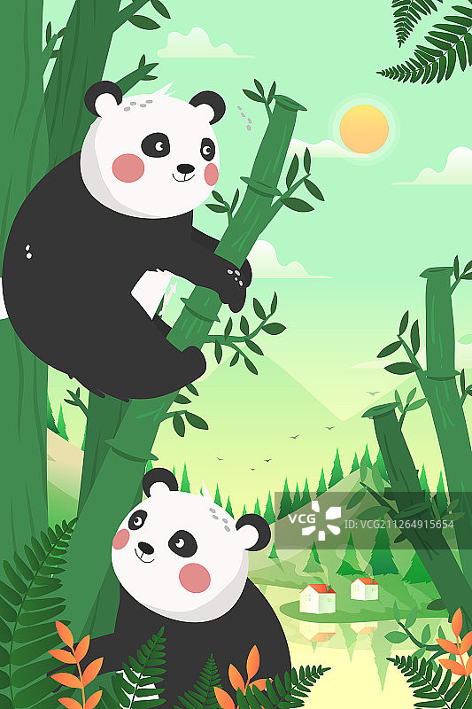 卡通大熊猫爬竹子风景中国风矢量背景插画图片素材