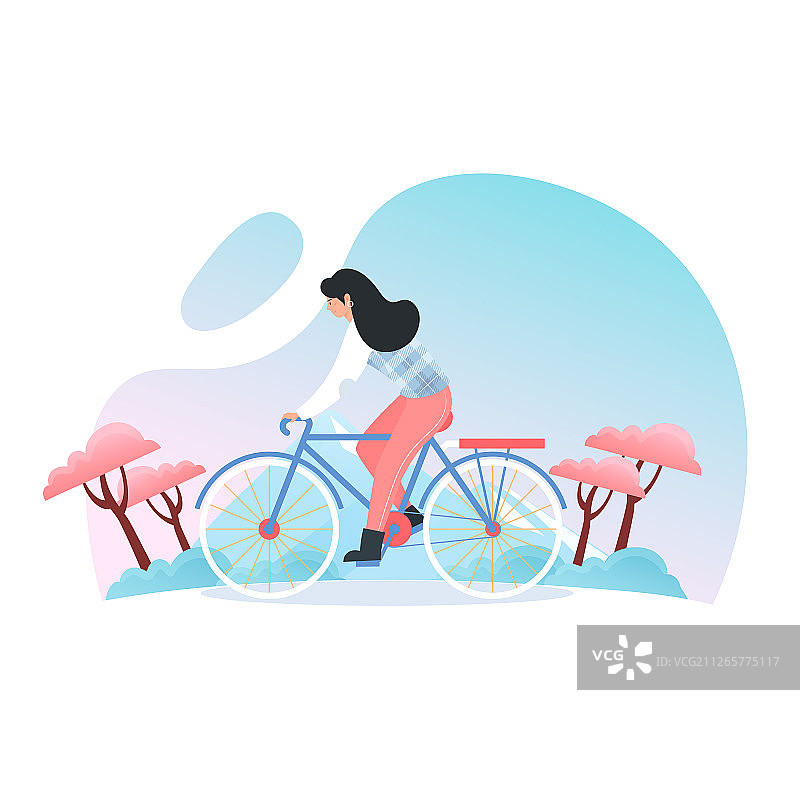 卡通立春出行踏青骑自行车风景背景矢量插画图片素材