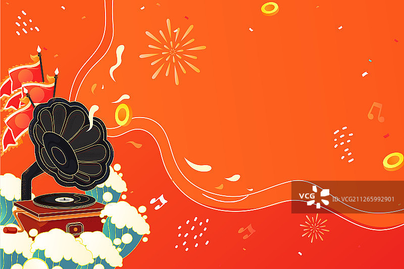 卡通2020鼠年国潮老式唱片机新年合家欢活动中国风背景矢量插图片素材