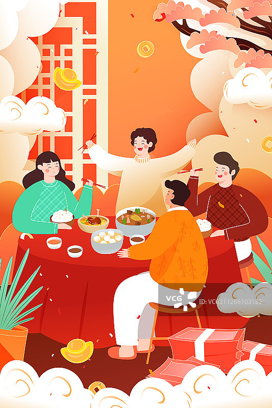 卡通2020鼠年新年家人回家过年年夜饭中国风背景矢量插画图片素材