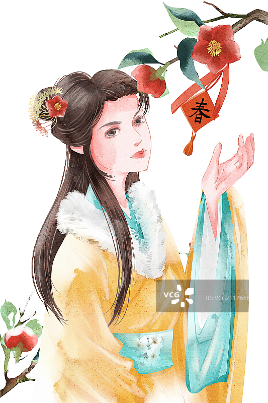 水彩风格古装女性春节冬季祈福插画人物元素图片素材