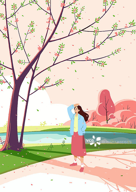 春天里一个女孩在开满粉色花朵的田野里图片素材
