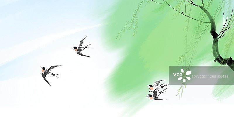 春季江南美景柳树建筑燕子飞来图片素材