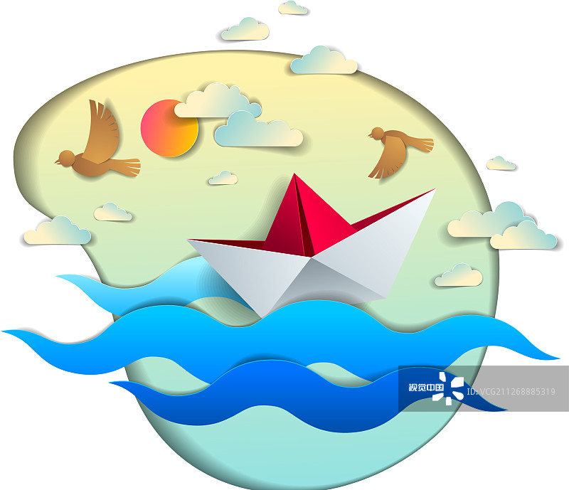 折纸船玩具在海浪中游泳图片素材