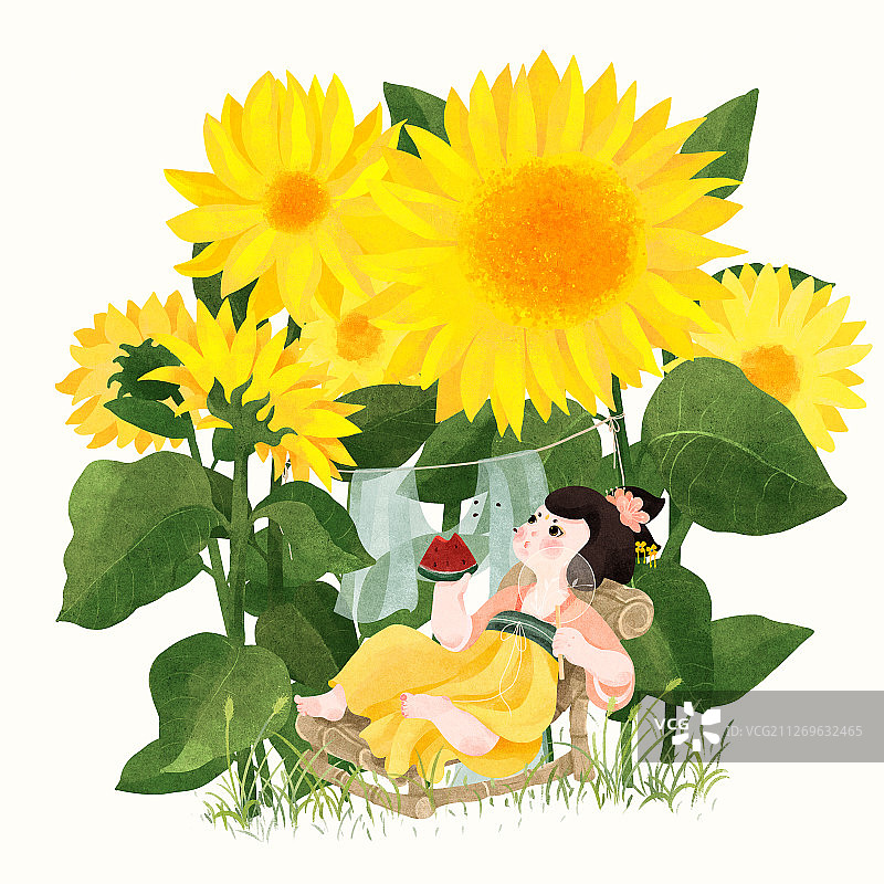 节气大暑向日葵与躺竹椅上吃西瓜的唐朝美人图片素材