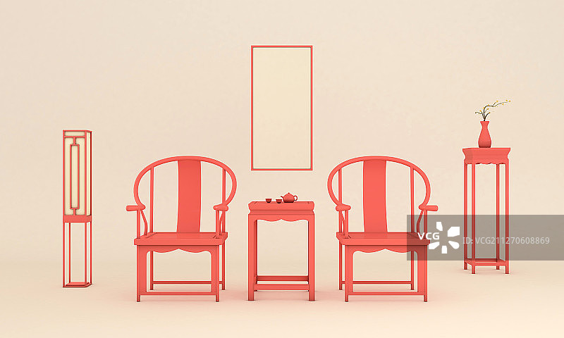 新中式红色家具之太师椅坐灯花几组合展示场景图片素材