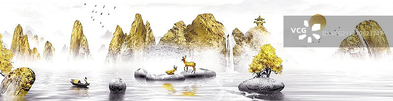 现代手绘抽象山水画鎏金装饰画 金色山水图片素材