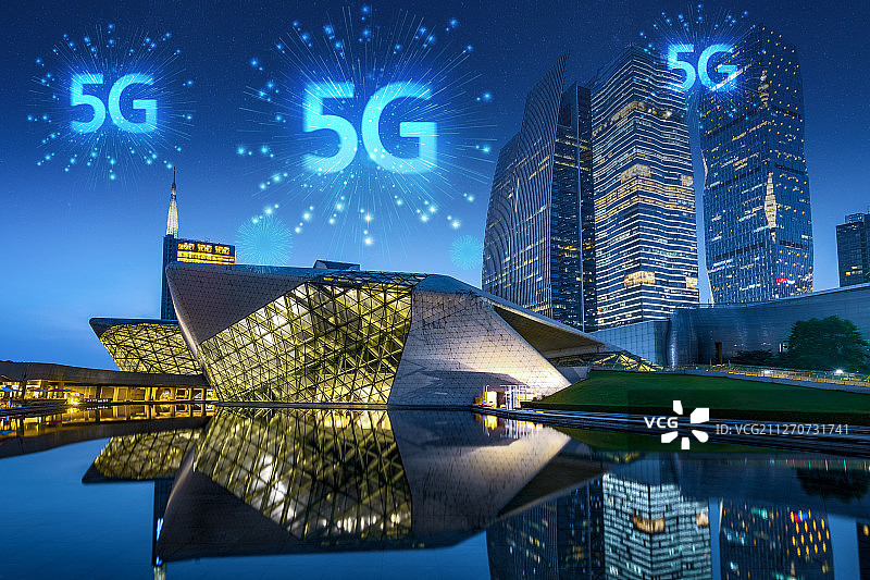 5G信号网速新科技快速传输数据广州夜景大剧院建筑经济商务图片素材