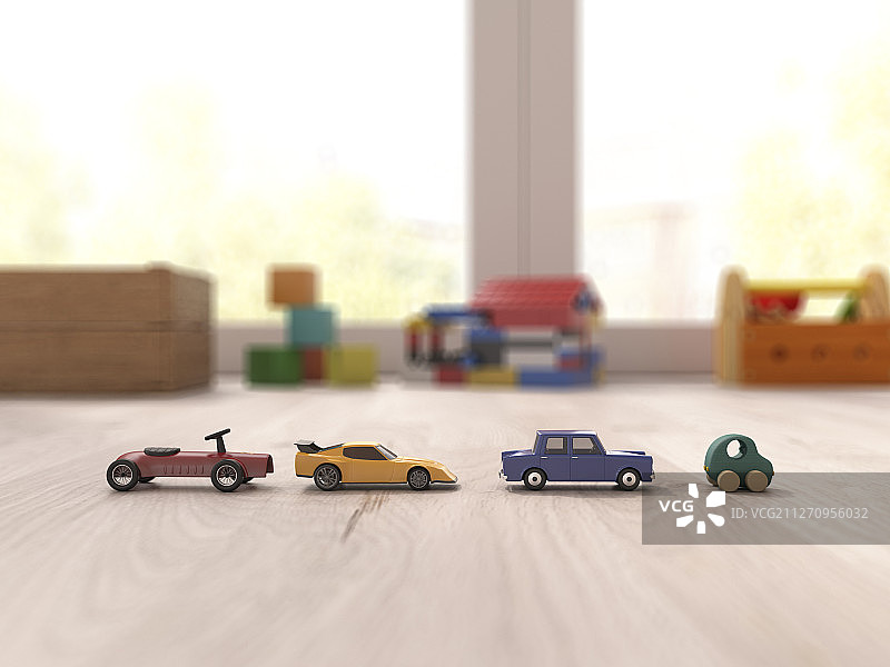 玩具车在游戏室的拼花地板上图片素材