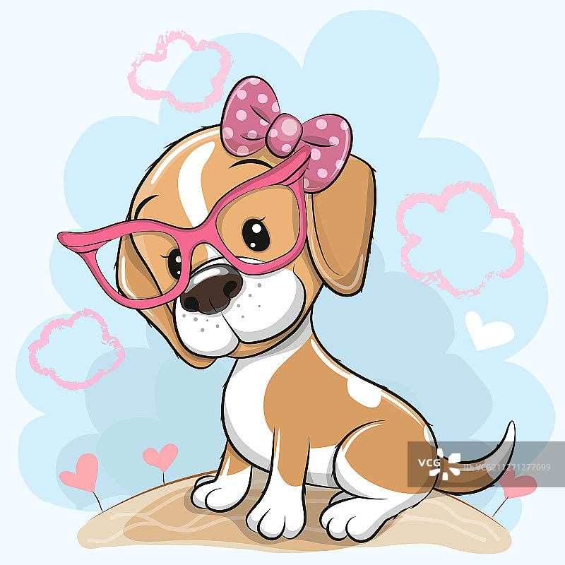 卡通小猎犬，带着蝴蝶结和眼镜图片素材