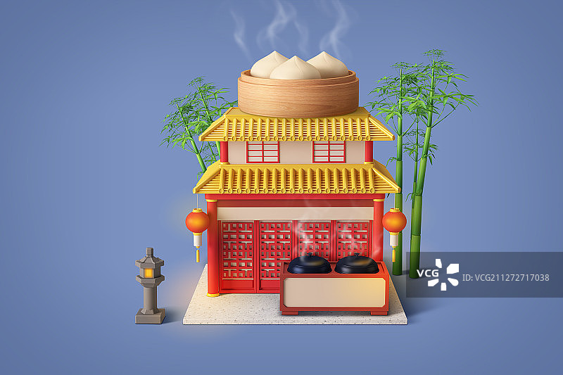 3D商店建筑与食物在顶端等距015图片素材