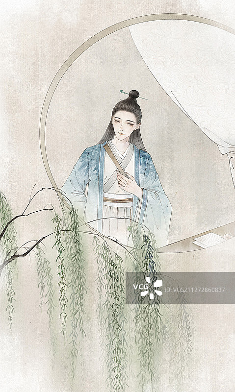 中国风古风水彩水墨人物插画插图 窗边柳图片素材