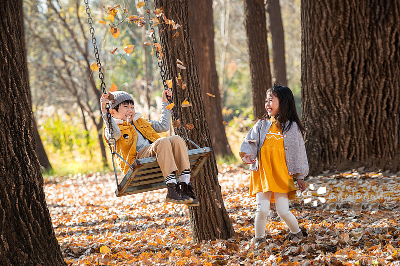 秋天快乐的儿童们在户外玩耍图片素材