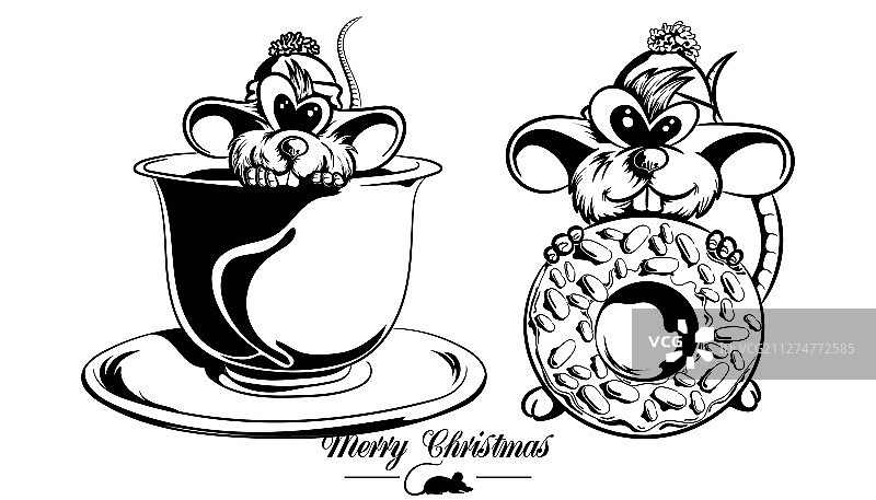 两只戴着帽子、吃着甜甜圈喝着咖啡的搞笑老鼠图片素材