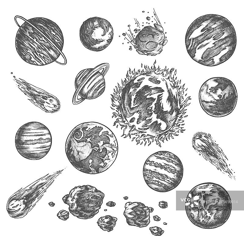 太阳系行星和小行星的铅笔素描图片素材