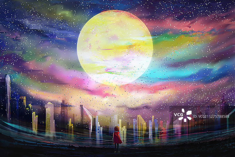夜晚一个女孩面对城市仰望天空和月亮图片素材