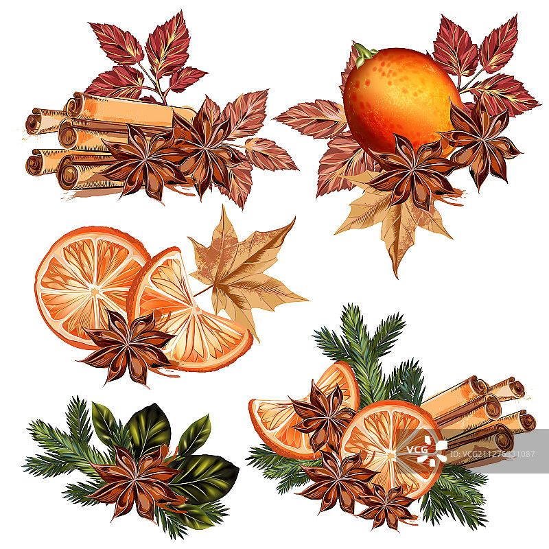 桔子、肉桂和皮草树圣诞套装图片素材