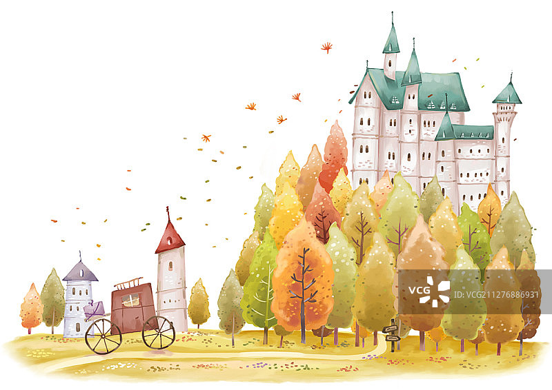 秋天森林里城堡的水彩画图片素材