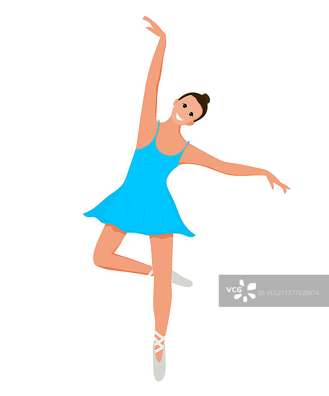 年轻可爱的微笑芭蕾舞者在一个白色的背景运动。平底式芭蕾舞演员在锻炼。矢量图图片素材