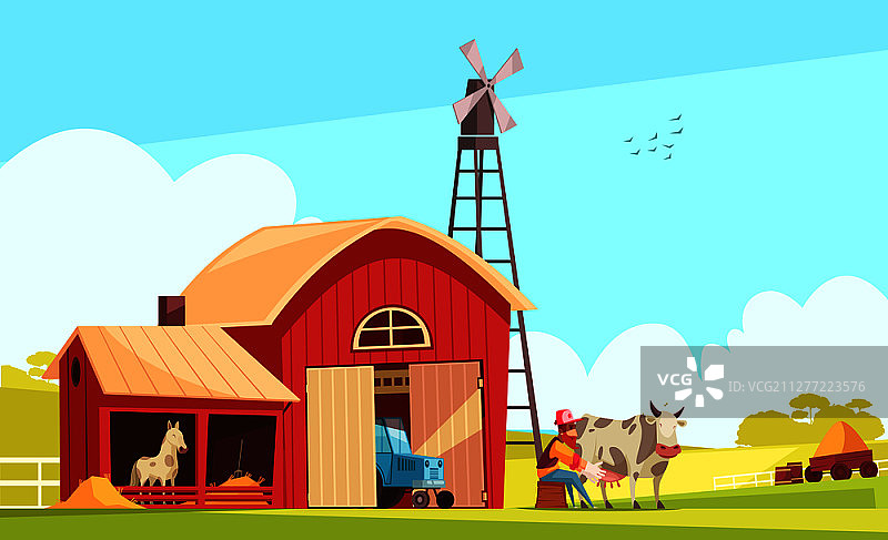 奶场构成用郊区景观和农场建筑用人性化的农民奶牛矢量插图图片素材
