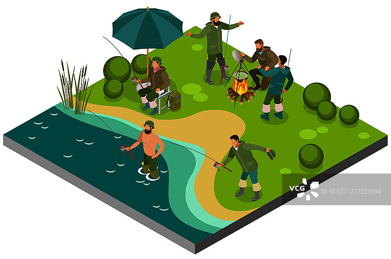 钓鱼旅游等距构成与渔民附近的篝火和捕获期间对河岸河流矢量插图。渔业旅游等距构成图片素材