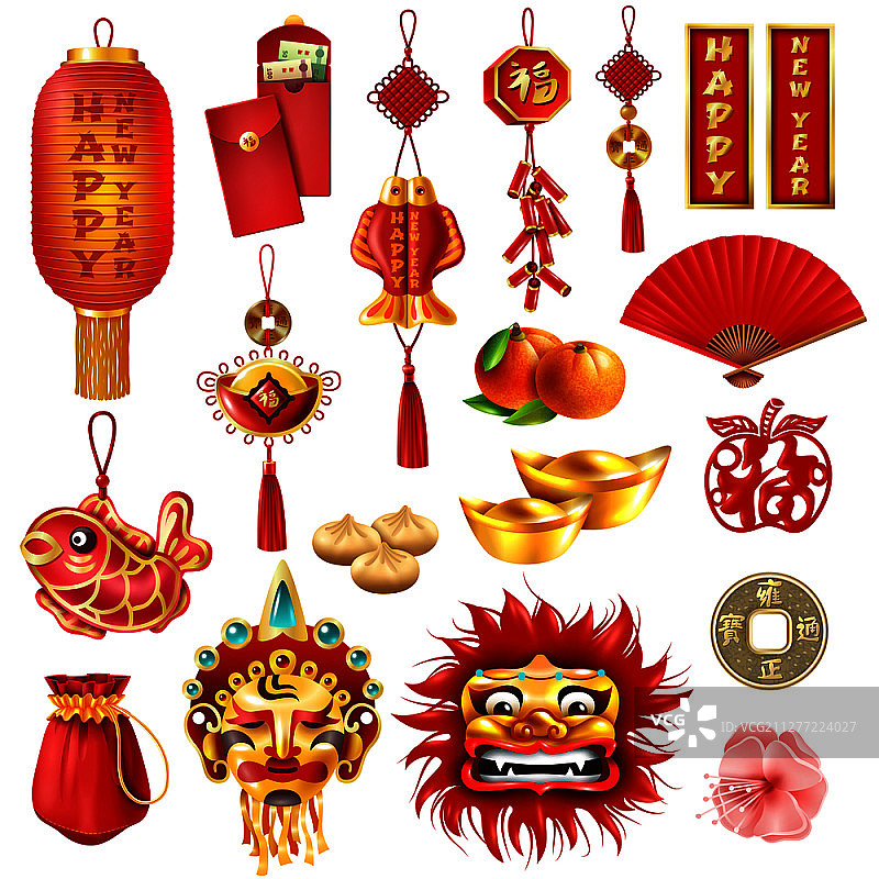 中国新年套装龙面具橙子红包袋硬币传统菜肴和梅花卡通矢量插图。农历新年套装图片素材