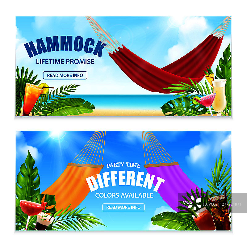 两个水平现实的吊床热带旗帜设置与终身承诺和聚会时间不同的颜色可用的描述矢量插图。现实吊床热带旗帜设置图片素材