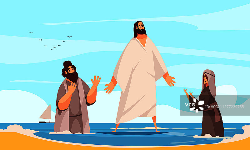 圣经叙述耶稣水组成与涂鸦人物基督行走在水上与祈祷的人矢量插图图片素材