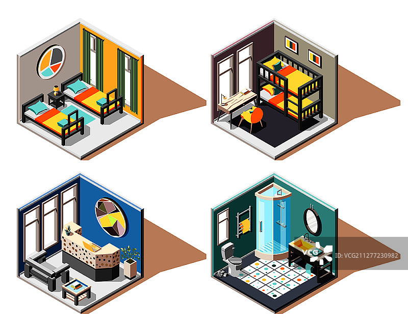 旅舍2x2设计概念组客房，浴室接待等几何室内矢量插图图片素材