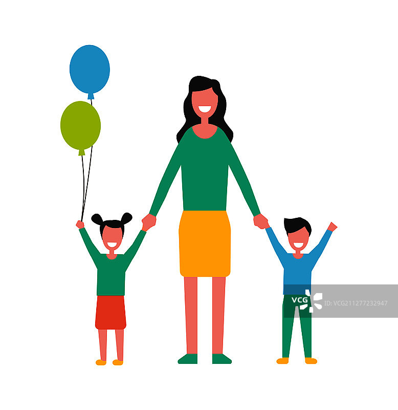 照顾孩子的女人，带着男孩和女孩的母亲。卡通人物中，女儿拿着彩色气球和儿子举起手孤立向量。照顾孩子的女人，母亲，儿子，女儿图片素材
