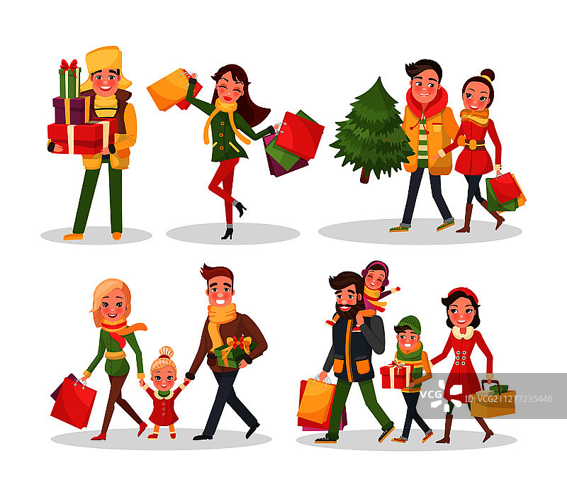 圣诞购物，节日准备在冬天设置白色背景。人们购买冷杉常青树和礼物。夫妇与购买的物品在纸袋和孩子。圣诞购物，冬季假期准备图片素材