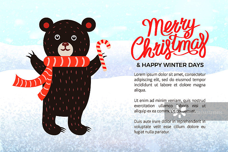 圣诞节日横幅快乐，围巾熊。森林动物在针织品与款待，冬天的日子庆祝，新年和圣诞节矢量插图。圣诞快乐的旗帜与熊在围巾图片素材