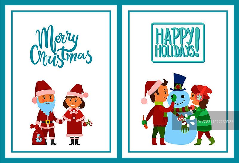 圣诞快乐，节日快乐的明信片，父母穿着圣诞老人的服装。孩子们制作雪人矢量。冬天的时候，寄贺卡庆祝新年。圣诞快乐，节日快乐明信片，父母图片素材