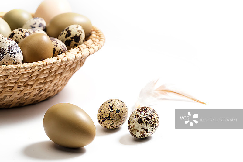 一筐鸡蛋鸭蛋鹌鹑蛋和羽毛图片素材
