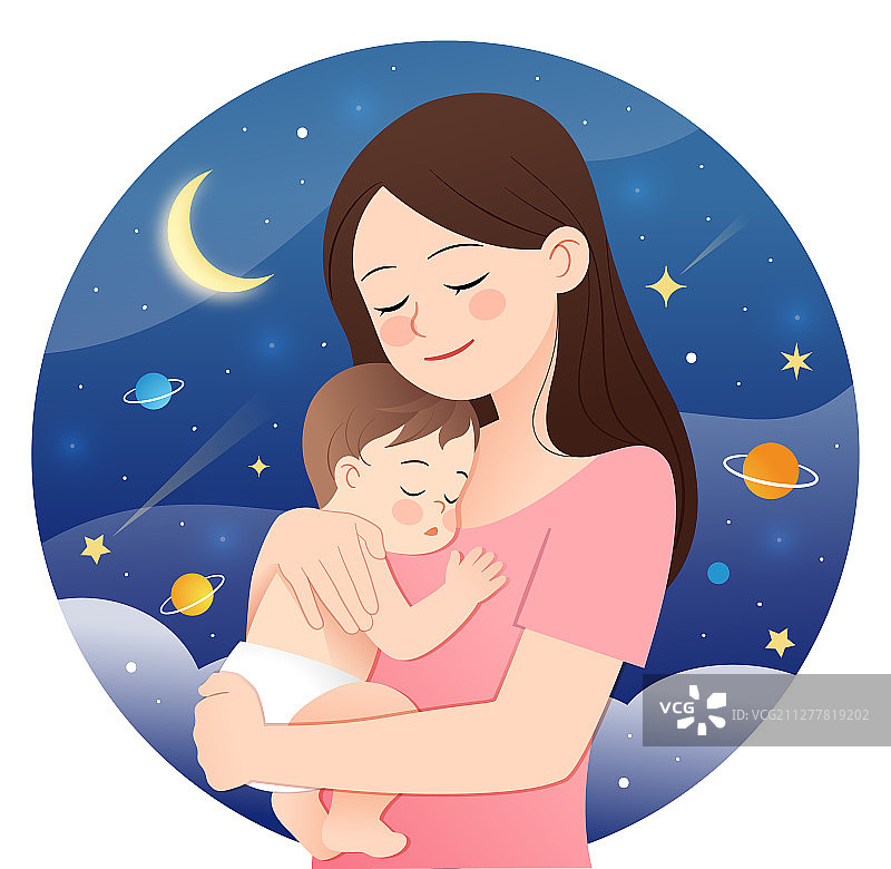 夜晚母亲抱着孩子在睡梦中图片素材