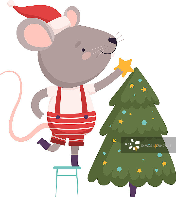 可爱的老鼠在圣诞帽装饰圣诞树图片素材