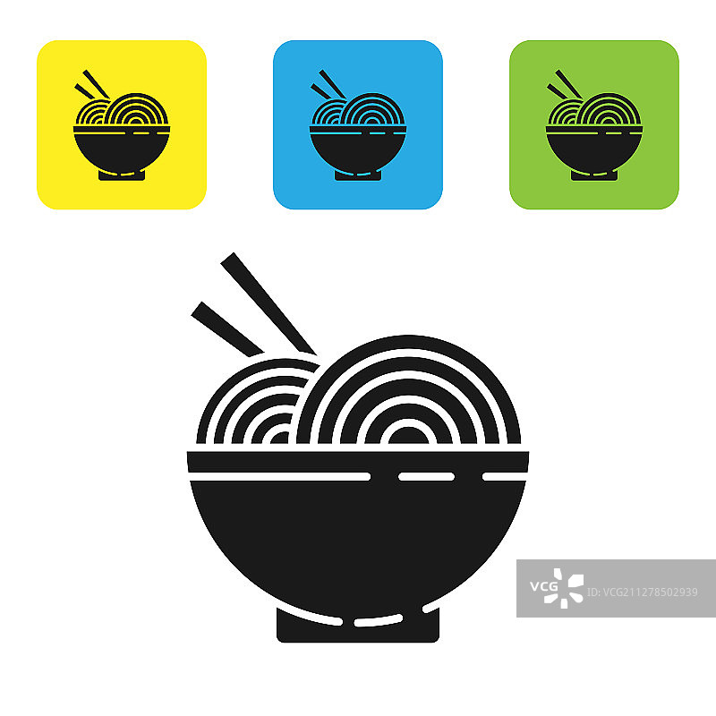 黑色亚洲面条在碗和筷子图标图片素材