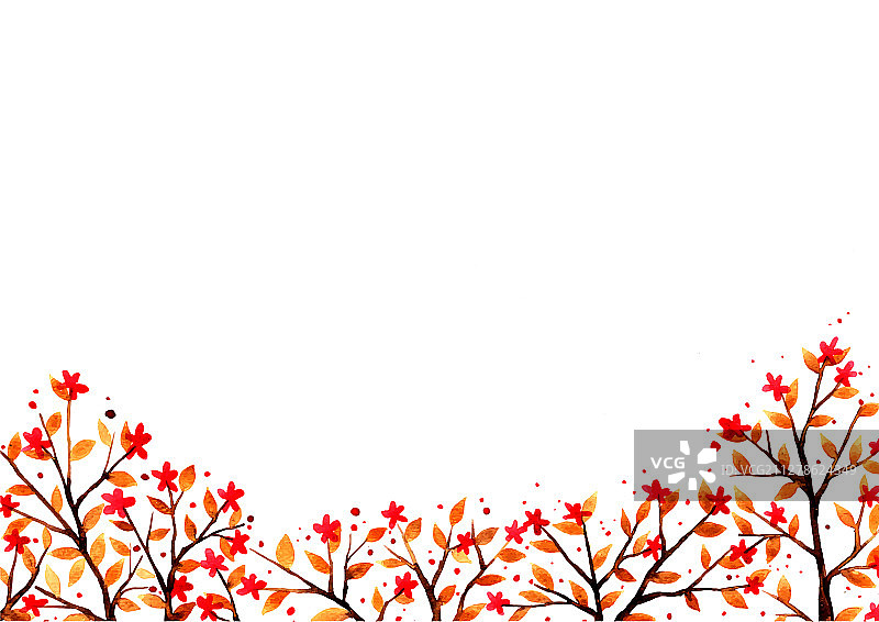 红色花与棕色叶边界水彩图片素材