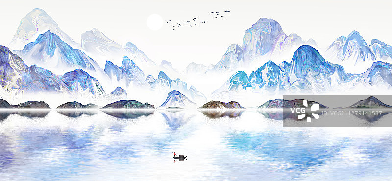现代手绘蓝色抽象山水画图片素材