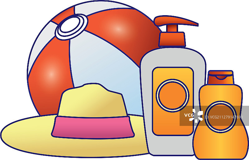 沙滩球和帽子与防晒瓶图标图片素材