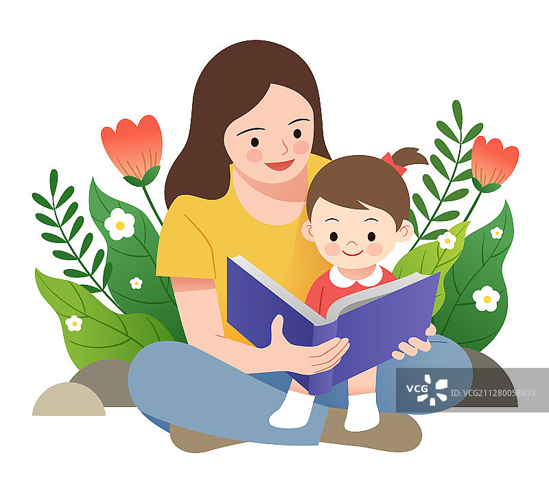妈妈和孩子一起在花丛前看书图片素材
