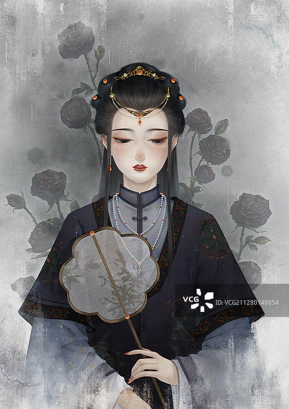 中国风古风美人插画插图——玫瑰图片素材