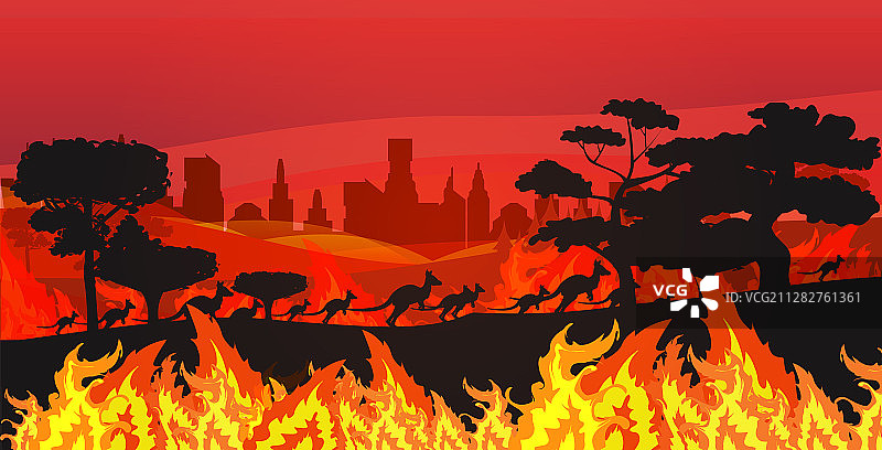 袋鼠逃离森林大火的剪影图片素材